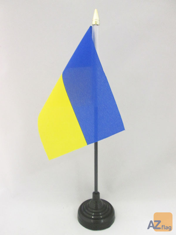 DRAPEAU DE TABLE UKRAINE 15x10cm - PETIT DRAPEAUX DE BUREAU UKRAINIEN 10 x 15 cm pointe dorée