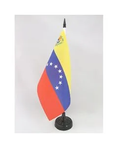 DRAPEAU DE TABLE VÉNÉZUELA ANCIEN AVEC ECUSSON 21x14cm - PETIT DRAPEAUX DE BUREAU VÉNÉZUELIEN 7 ÉTOILES 14 x 21 cm