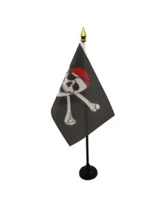 DRAPEAU DE TABLE PIRATE FOULARD ROUGE 15x10cm - PETIT DRAPEAUX DE BUREAU CORSAIRE AVEC BANDANA 10 x 15 cm pointe dorée