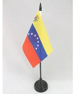DRAPEAU DE TABLE VÉNÉZUELA ANCIEN AVEC ECUSSON 15x10cm - PETIT DRAPEAUX DE BUREAU VÉNÉZUELIEN 7 ÉTOILES 10 x 15 cm