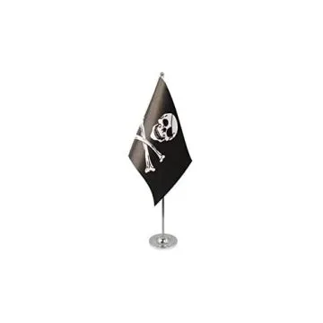 DRAPEAU DE TABLE prestige PIRATE TÊTE DE MORT 22x15cm en SATIN - GRAND DRAPEAUX DE BUREAU CORSAIRE 15 x 22 cm