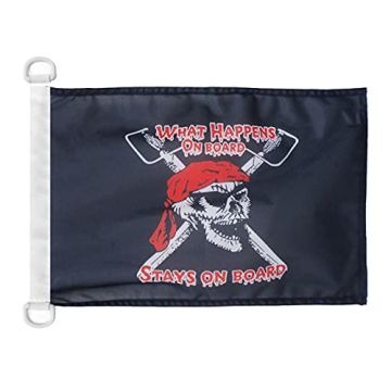 Pavillon nautique Pirate What Happens on Board 45x30 cm Anneaux Plastiques