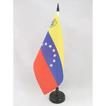 DRAPEAU DE TABLE VÉNÉZUELA ANCIEN AVEC ECUSSON 21x14cm - PETIT DRAPEAUX DE BUREAU VÉNÉZUELIEN 7 ÉTOILES 14 x 21 cm