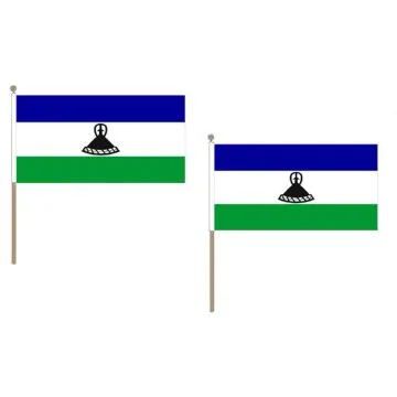DRAPEAU LESOTHO 45x30cm HAMPE en bois - LOT DE 10 DRAPEAUX LÍ?SOTHAN 30 x 45 cm
