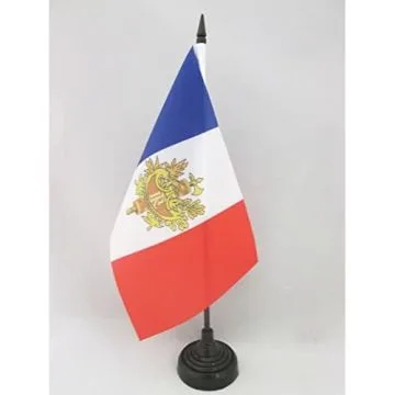 DRAPEAU DE TABLE FRANCE AVEC ARMOIRIES 21x14cm - PETIT DRAPEAUX DE BUREAU RÉPUBLIQUE FRANÇAISE AVEC ARMES 14 x 21 cm