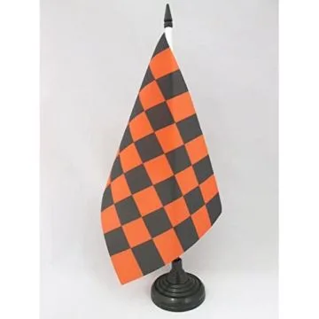 DRAPEAU DE TABLE DAMIER NOIR ET ORANGE 21x14cm - PETIT DRAPEAUX DE BUREAU À DAMIERS 14 x 21 cm