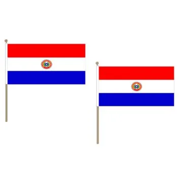 DRAPEAU PARAGUAY 45x30cm HAMPE en bois - LOT DE 10 DRAPEAUX PARAGUAYEN 30 x 45 cm