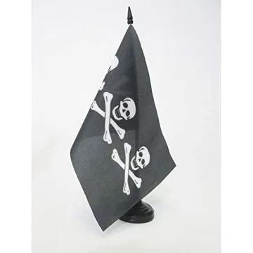 DRAPEAU DE TABLE PIRATE 3 TÍ?TES DE MORT 21x14cm - PETIT DRAPEAUX DE BUREAU CORSAIRE - PIRATES 14 x 21 cm