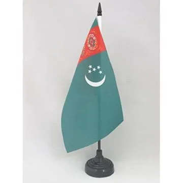 DRAPEAU DE TABLE TURKMENISTAN ANCIEN 21x14cm - PETIT DRAPEAUX DE BUREAU TURKMÈNE 14 x 21 cm