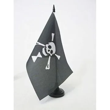 DRAPEAU DE TABLE PIRATE EMANUEL WYNNE 21x14cm - PETIT DRAPEAUX DE BUREAU CORSAIRE TÍ?TE DE MORT 14 x 21 cm
