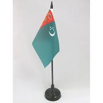 DRAPEAU DE TABLE TURKMENISTAN ANCIEN 15x10cm - PETIT DRAPEAUX DE BUREAU TURKMÈNE 10 x 15 cm