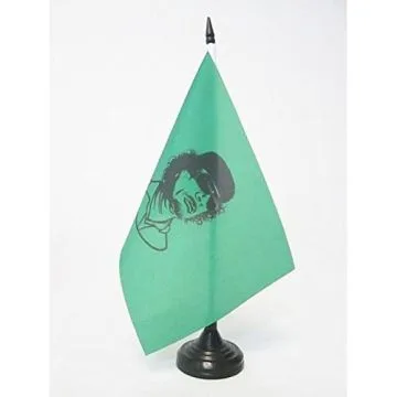 DRAPEAU DE TABLE LIBYE AVEC KHADAFI 21x14cm - PETIT DRAPEAUX DE BUREAU LIBYEN ANCIEN 14 x 21 cm