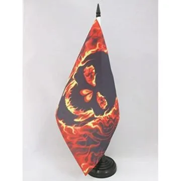 DRAPEAU DE TABLE TÊTE DE MORT AVEC FEU 21x14cm - PETIT DRAPEAUX DE BUREAU PIRATE 14 x 21 cm