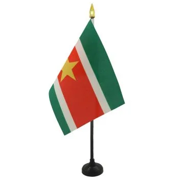 DRAPEAU DE TABLE SURINAME 15x10cm - PETIT DRAPEAUX DE BUREAU SURINAMIEN 10 x 15 cm pointe dorée
