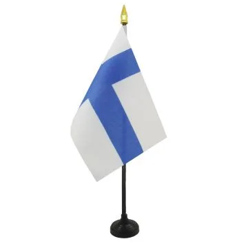 DRAPEAU DE TABLE FINLANDE 15x10cm - PETIT DRAPEAUX DE BUREAU FINLANDAIS 10 x 15 cm pointe dorée