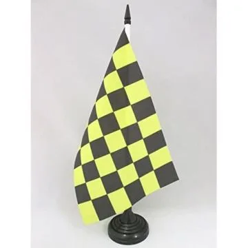 DRAPEAU DE TABLE DAMIER NOIR ET JAUNE OR AVALANCHES 21x14cm - PETIT DRAPEAUX DE BUREAU À DAMIERS 14 x 21 cm