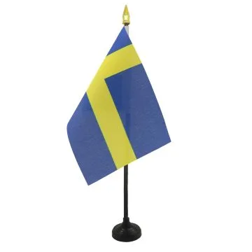 DRAPEAU DE TABLE SUÈDE 15x10cm - PETIT DRAPEAUX DE BUREAU SUÉDOIS 10 x 15 cm pointe dorée