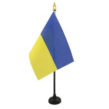 DRAPEAU DE TABLE UKRAINE 15x10cm - PETIT DRAPEAUX DE BUREAU UKRAINIEN 10 x 15 cm pointe dorée