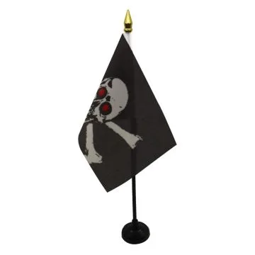 DRAPEAU DE TABLE PIRATE YEUX ROUGES 15x10cm - PETIT DRAPEAUX DE BUREAU CORSAIRE 10 x 15 cm pointe dorée