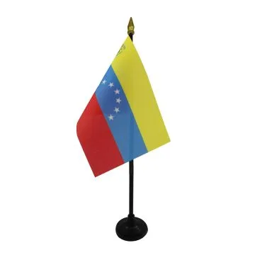 DRAPEAU DE TABLE VÉNÉZUELA ANCIEN AVEC ECUSSON 15x10cm - PETIT DRAPEAUX DE BUREAU VÉNÉZUELIEN 7 ÉTOILES 10 x 15 cm pointe dorée