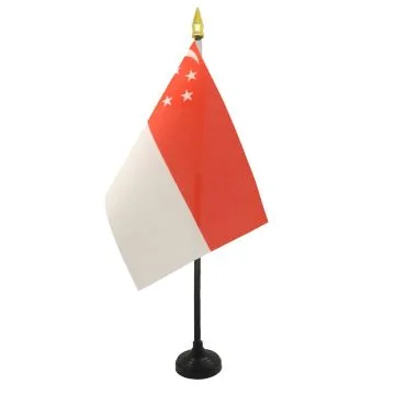 DRAPEAU DE TABLE SINGAPOUR 15x10cm - PETIT DRAPEAUX DE BUREAU SINGAPOURIEN 10 x 15 cm pointe dorée