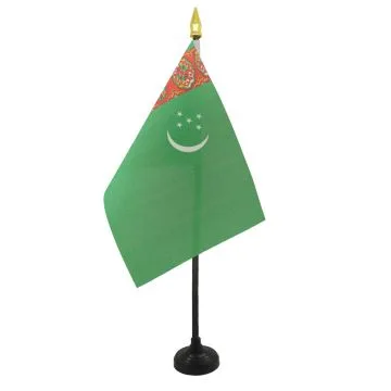 DRAPEAU DE TABLE TURKMÍ?NISTAN 15x10cm - PETIT DRAPEAUX DE BUREAU TURKMÍ?NE 10 x 15 cm pointe dorée