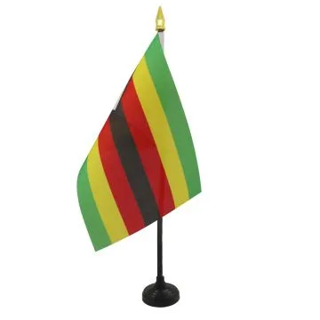 DRAPEAU DE TABLE ZIMBABWE 15x10cm - PETIT DRAPEAUX DE BUREAU ZIMBABWÍ?EN 10 x 15 cm pointe dorée