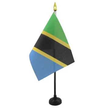 DRAPEAU DE TABLE TANZANIE 15x10cm - PETIT DRAPEAUX DE BUREAU TANZANIEN 10 x 15 cm pointe dorée