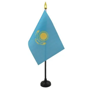 DRAPEAU DE TABLE KAZAKHSTAN 15x10cm - PETIT DRAPEAUX DE BUREAU KAZAKH 10 x 15 cm pointe dorée