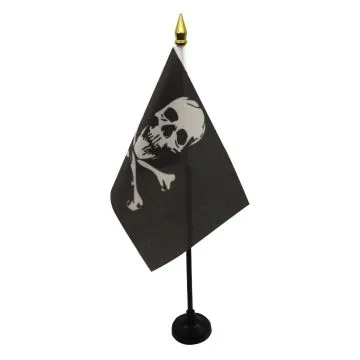 DRAPEAU DE TABLE PIRATE TÊTE DE MORT ET OS 15x10cm - PETIT DRAPEAUX DE BUREAU CORSAIRE 10 x 15 cm pointe dorée