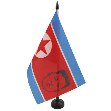 DRAPEAU DE TABLE CORÍ?E DU NORD AVEC KIM JONG-UN 21x14cm - PETIT DRAPEAUX DE BUREAU NORD-CORÍ?EN 14 x 21 cm