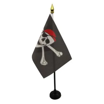 DRAPEAU DE TABLE PIRATE FOULARD ROUGE 15x10cm - PETIT DRAPEAUX DE BUREAU CORSAIRE AVEC BANDANA 10 x 15 cm pointe dorée