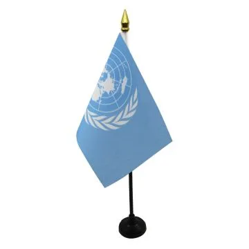 DRAPEAU DE TABLE ONU 15x10cm - PETIT DRAPEAUX DE BUREAU DES NATIONS UNIES 10 x 15 cm pointe dorée