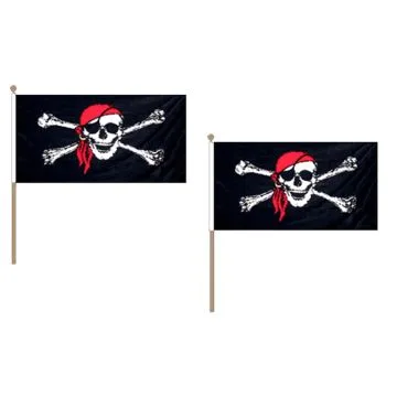 DRAPEAU PIRATE FOULARD ROUGE 45x30cm HAMPE en bois - LOT DE 10 DRAPEAUX CORSAIRE AVEC BANDANA 30 x 45 cm