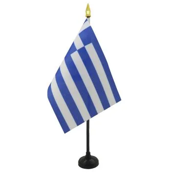 DRAPEAU DE TABLE GRÈCE 15x10cm - PETIT DRAPEAUX DE BUREAU GREC 10 x 15 cm pointe dorée