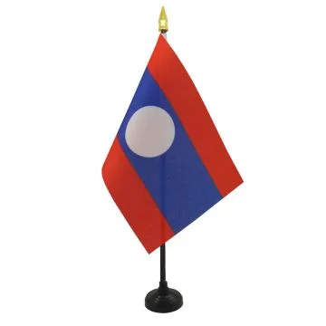DRAPEAU DE TABLE LAOS 15x10cm - PETIT DRAPEAUX DE BUREAU LAOSIEN 10 x 15 cm pointe dorée