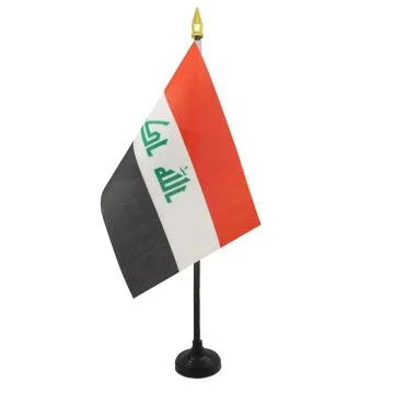 DRAPEAU DE TABLE IRAK 15x10cm - PETIT DRAPEAUX DE BUREAU IRAKIEN 10 x 15 cm pointe dorée