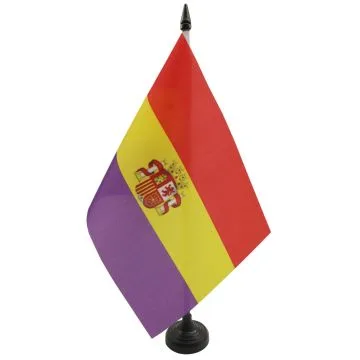 DRAPEAU DE TABLE ESPAGNOL RÉPUBLICAIN AVEC ÉCUSSON 21x14cm - PETIT DRAPEAUX DE BUREAU ESPAGNE RÉPUBLICAINE 14 x 21 cm