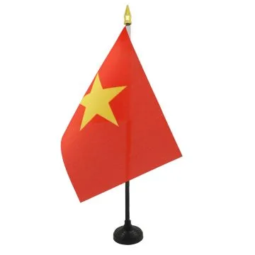 DRAPEAU DE TABLE VIETNAM 15x10cm - PETIT DRAPEAUX DE BUREAU VIETNAMIEN 10 x 15 cm pointe dorée