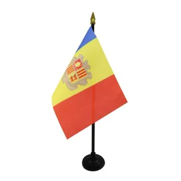 DRAPEAU DE TABLE ANDORRE 15x10cm - PETIT DRAPEAUX DE BUREAU ANDORRAN 10 x 15 cm pointe dorée