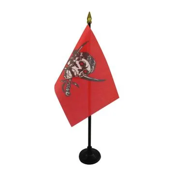 DRAPEAU DE TABLE PIRATE RED SKULL 15x10cm - PETIT DRAPEAUX DE BUREAU CORSAIRE TÊTE DE MORT ROUGE 10 x 15 cm pointe dorée
