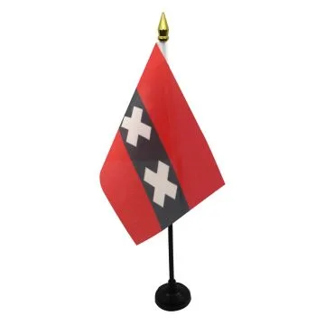 DRAPEAU DE TABLE AMSTERDAM 15x10cm - PETIT DRAPEAUX DE BUREAU HOLLANDAIS - PAYS-BAS 10 x 15 cm pointe dorée