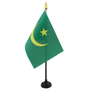 DRAPEAU DE TABLE MAURITANIE 15x10cm - PETIT DRAPEAUX DE BUREAU MAURITANIEN 10 x 15 cm pointe dorée