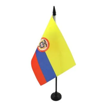 DRAPEAU DE TABLE COLOMBIE AVEC ARMES 21x14cm - PETIT DRAPEAUX DE BUREAU COLOMBIEN 14 x 21 cm