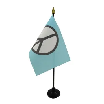 DRAPEAU DE TABLE SYMBOLE PAIX BLEU 15x10cm - PETIT DRAPEAUX DE BUREAU PEACE 10 x 15 cm pointe dorée