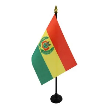 DRAPEAU DE TABLE BOLIVIE 15x10cm - PETIT DRAPEAUX DE BUREAU BOLIVIEN 10 x 15 cm pointe dorée