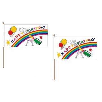 DRAPEAU JOYEUX ANNIVERSAIRE CHAMPAGNE 45x30cm HAMPE en bois - LOT DE 10 DRAPEAUX HAPPY BIRTHDAY 30 x 45 cm