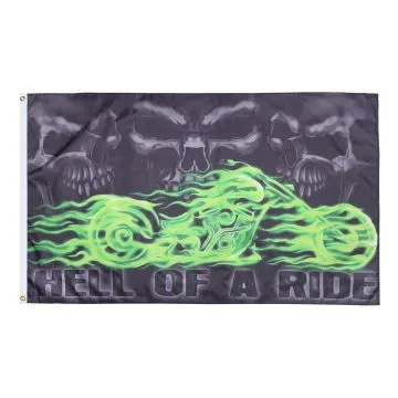 DRAPEAU TÊTE DE MORT HELL OF A RIDE 150x90cm - DRAPEAU PIRATE AVEC MOTO 90 x 150 cm - DRAPEAUX