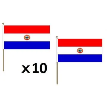 DRAPEAU PARAGUAY 45x30cm HAMPE en bois - LOT DE 10 DRAPEAUX PARAGUAYEN 30 x 45 cm