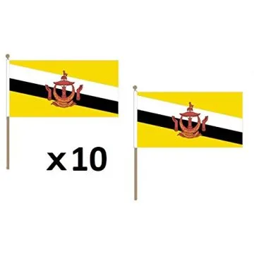 DRAPEAU BRUNEI 45x30cm HAMPE en bois - LOT DE 10 DRAPEAUX BRUNÍ?IEN 30 x 45 cm